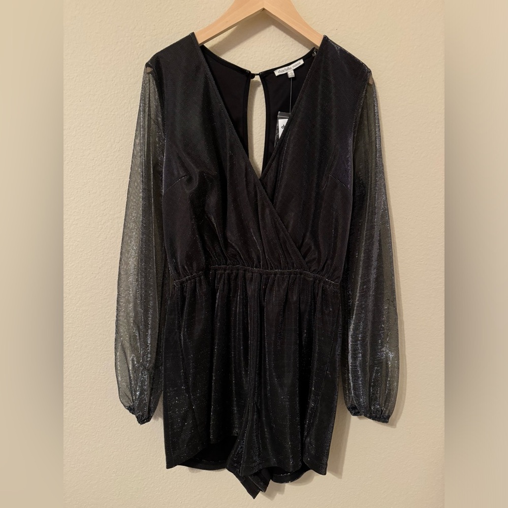 Charlotte Russe Black Metallic Long Sleeve Romper, Size Small